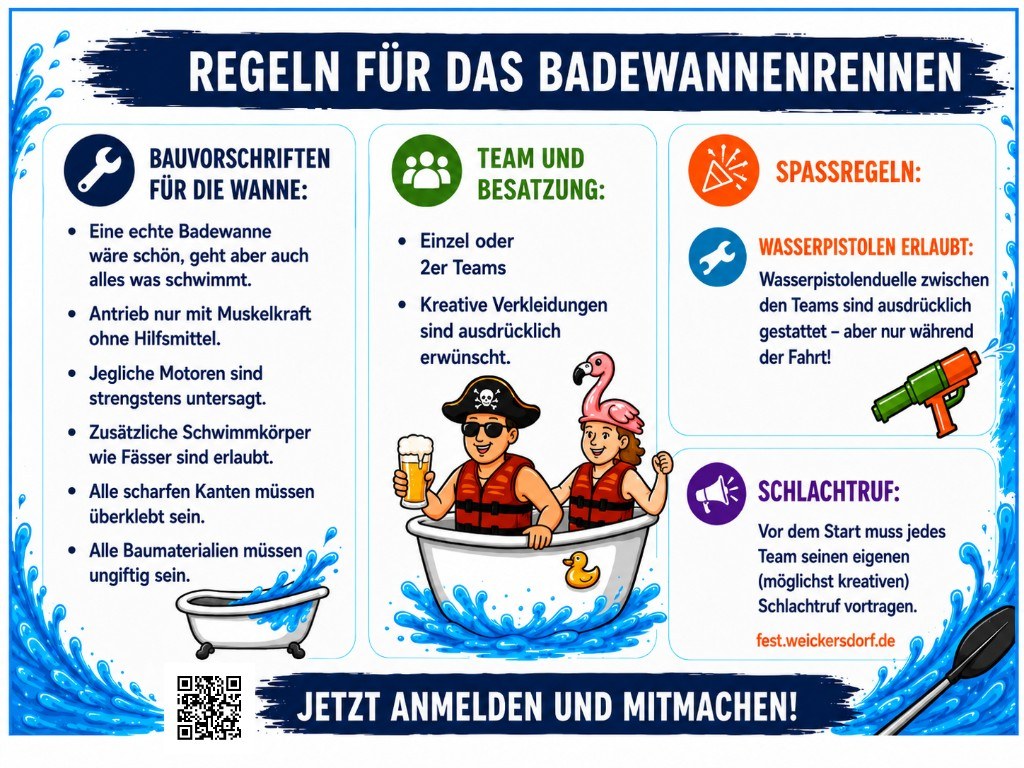 Flyer Badewannenrennen: Regeln, Bauvorschriften und Team-Besetzung.