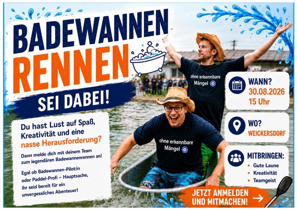 Flyer Badewannenrennen: Sei dabei, Termin und Anmeldung.
