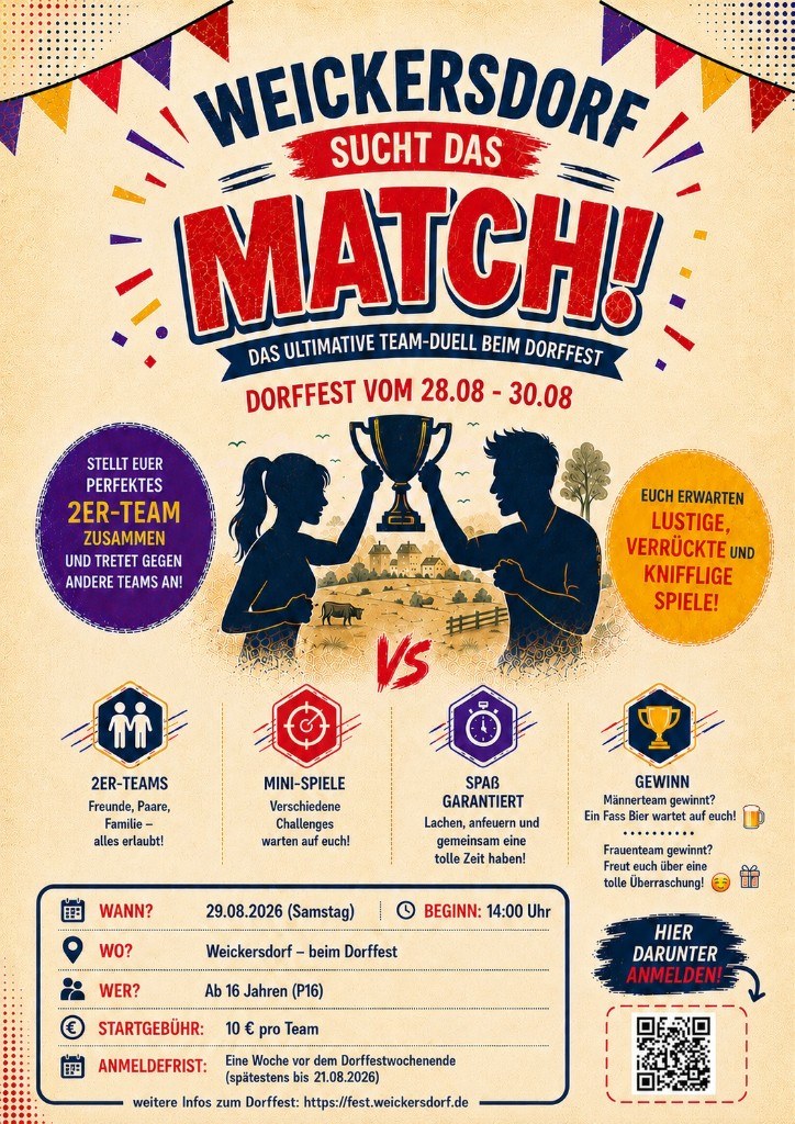 Flyer Weickersdorf sucht das Match mit Regeln, Termin und Anmeldung.